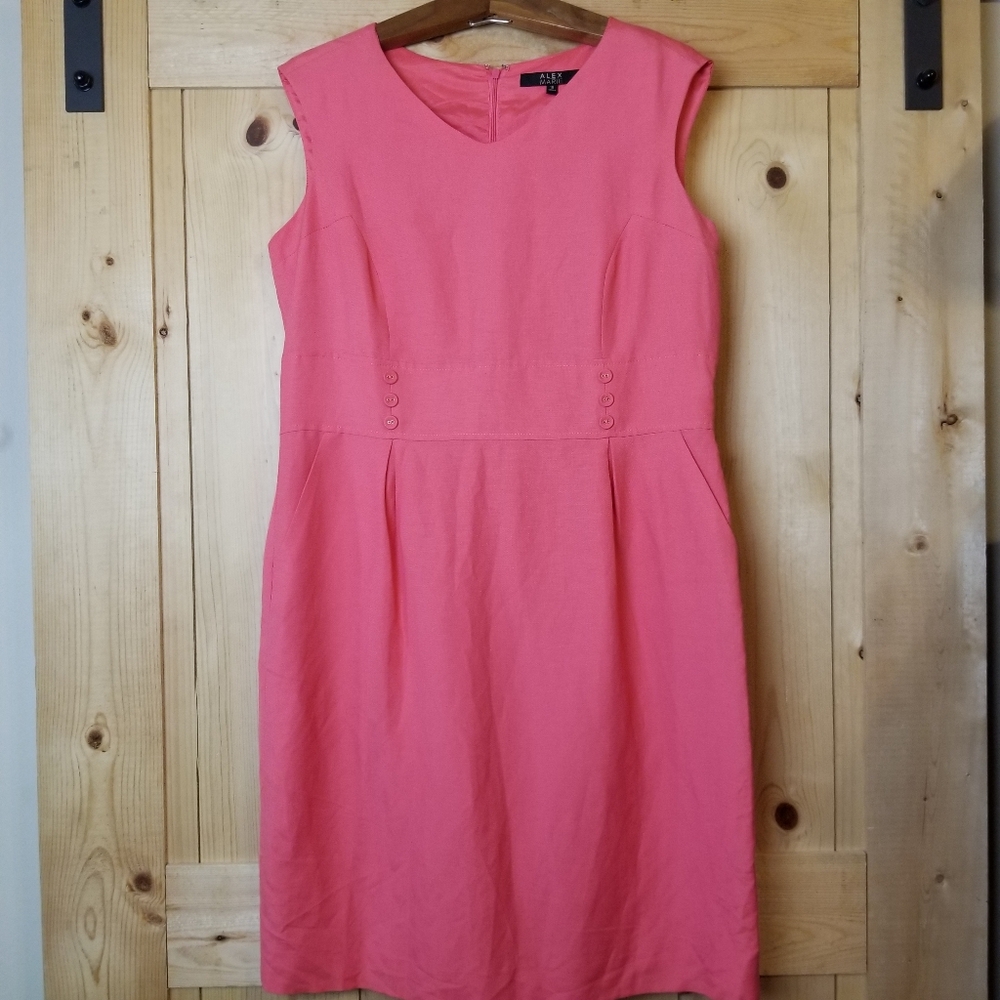 Alex Marie Linen Blend Sleeveless Lined Pocketed Button Accent Sheath Dr…